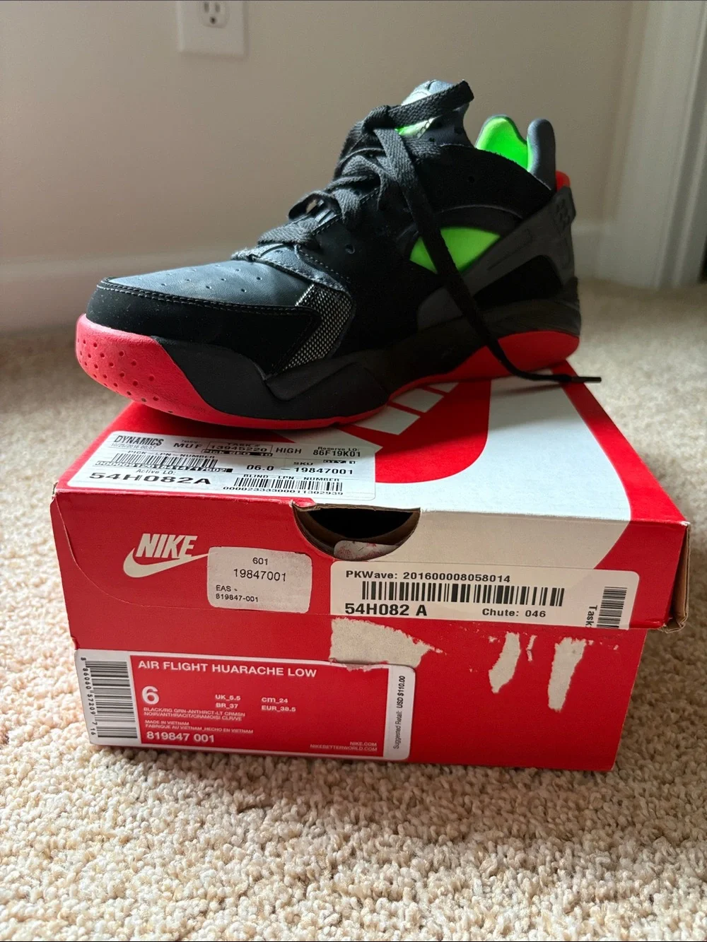 Nike Air Flight Huarache Low - Black with Neon Green & Red